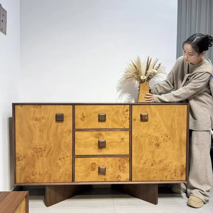 三记【繁花】中古风实木餐边柜玄关柜黑胡桃木拼花靠墙一体抽屉家具