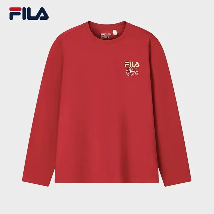 FILA斐乐男女长袖T恤2026春款情侣休闲海棠花红色长T恤F51U619202