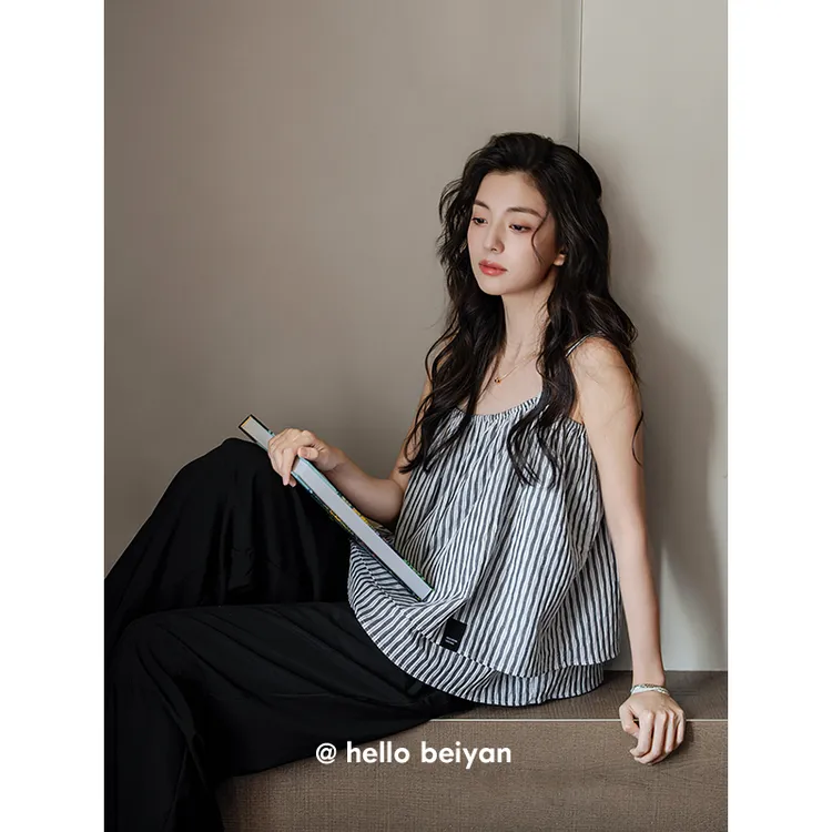 贝妍夏季凉感睡衣女款性感吊带长裤家居服气质少女法式度假风套装