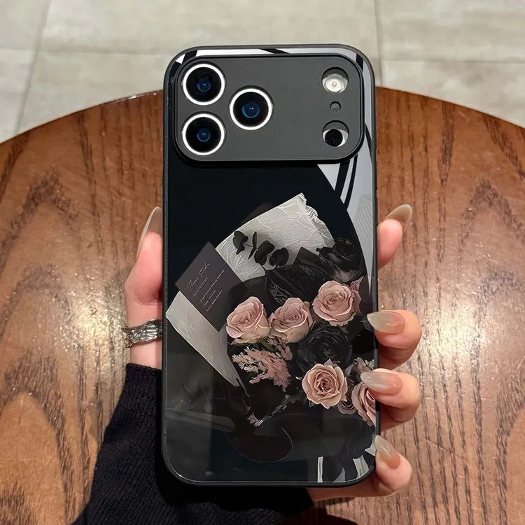黑粉玫瑰适用苹果17promax手机壳新款iphone16玻璃可爱15高级14