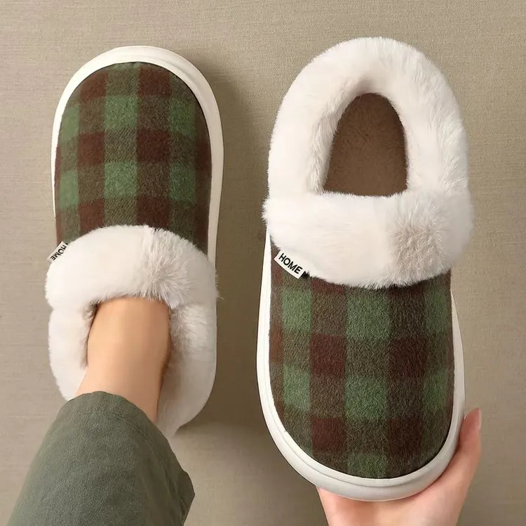 猫力苏格兰格纹棉拖鞋女冬季包跟2025室内家居静音软底保暖棉鞋女