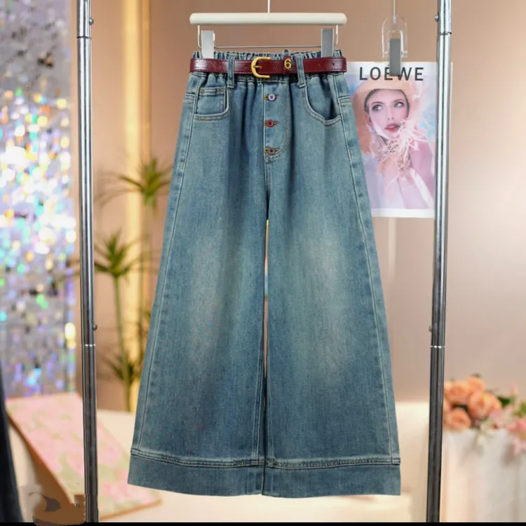 女童2025秋季新款彩色三粒扣牛仔裤中大童时尚百搭儿童洋气阔腿裤