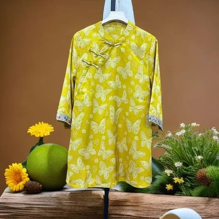 【黄叶】2025夏季新款中式国风复古立领盘口复古提花中袖上衣小衫