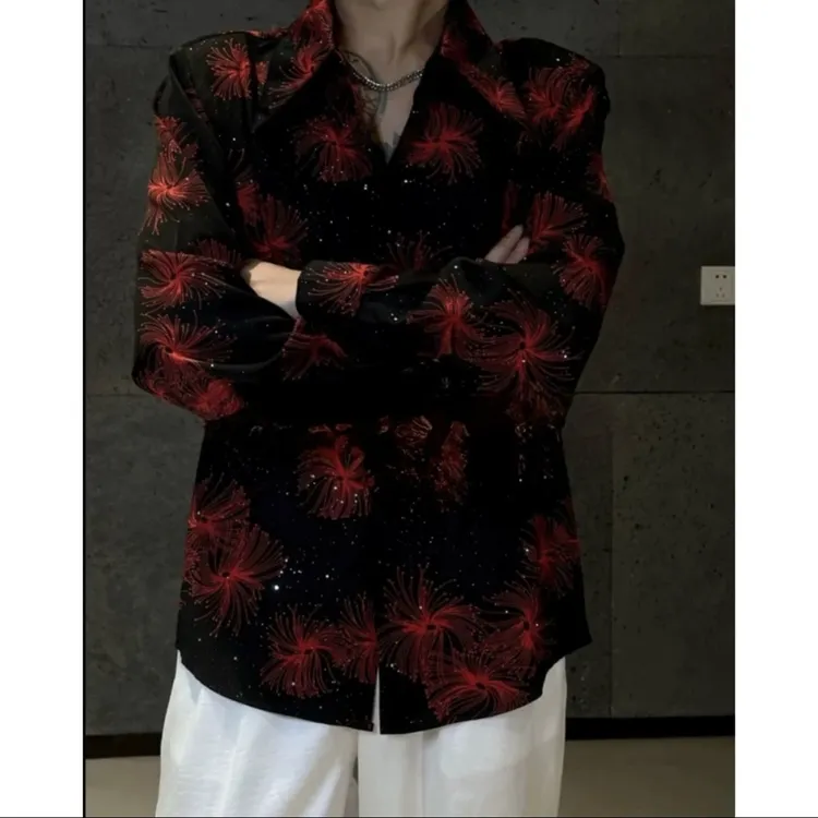 夏季薄新款设计满天星高级印花衬衫男士宽松潮流长袖时尚痞帅上衣