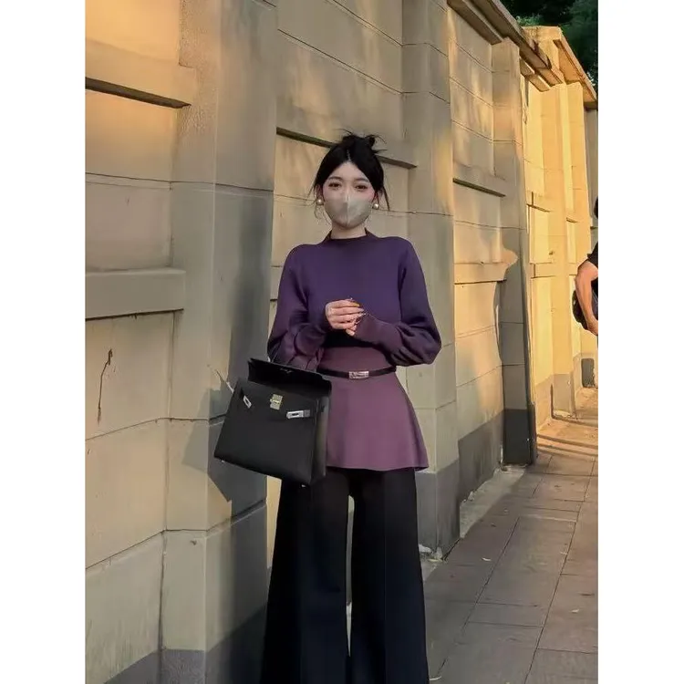 紫色半高领灯笼头毛衣女秋冬配腰带收腰气质长袖针织上衣