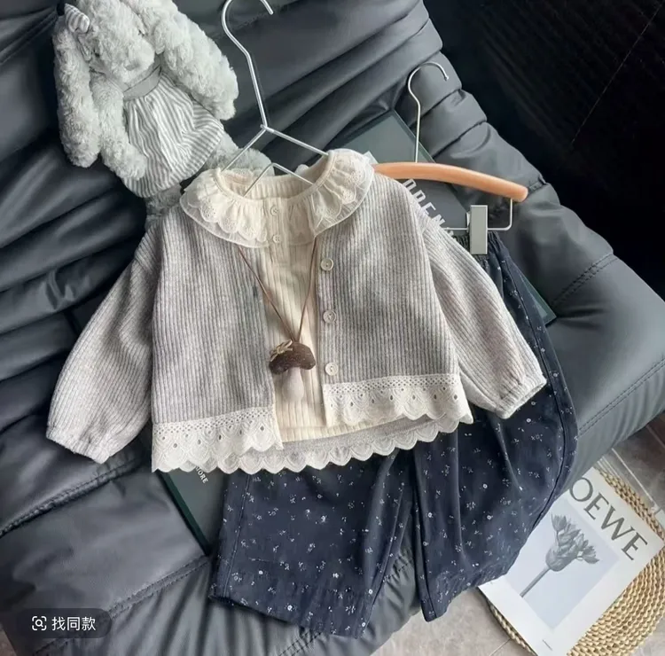 【工厂直销】韩国女童2025新款儿童森系拼接花边开衫阔腿裤三件套