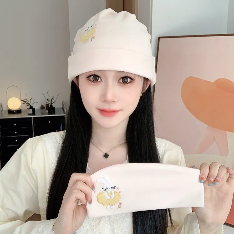 秋冬专用加厚大头围刺绣小兔月子帽月子发带产后坐月子防风保暖
