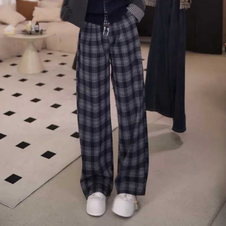 美拉德撞色格子裤女秋季新款垂感休闲复古直筒阔腿裤宽松方格裤子