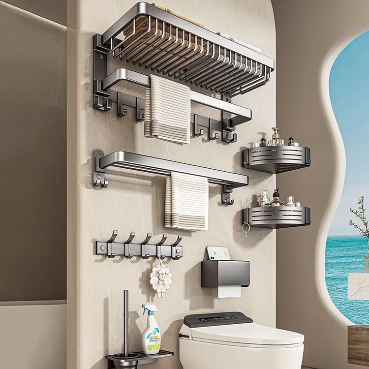 百悍毛巾架毛巾杆挂架卫生间挂杆浴室免打孔浴巾杆置物架壁挂式