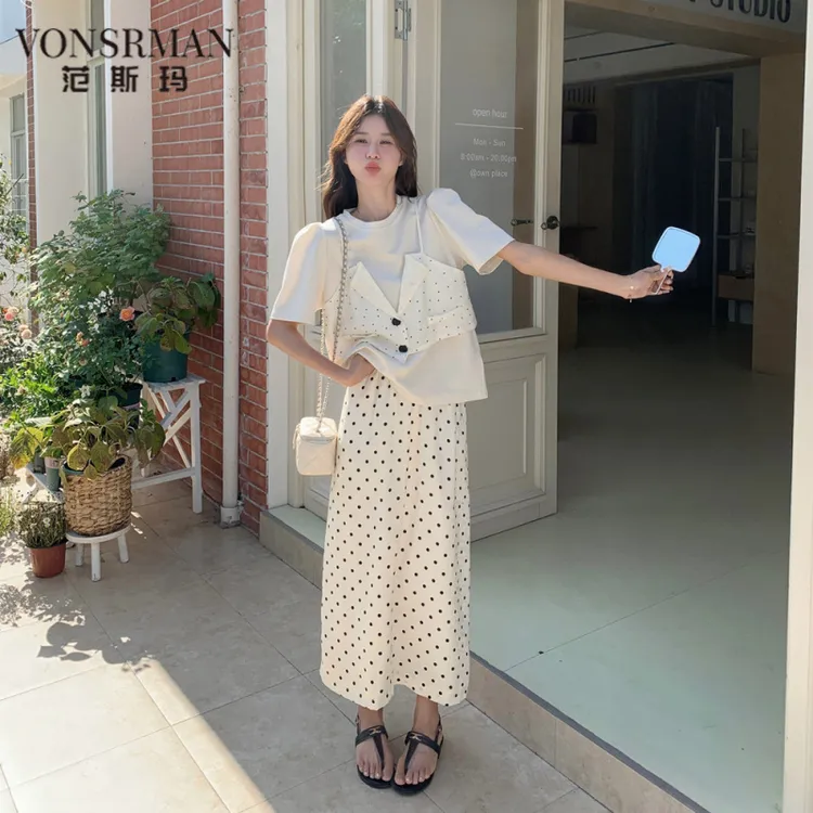 赫本风波点假两件套装裙女夏2025新款流行盐系绝美小清新爆款网红