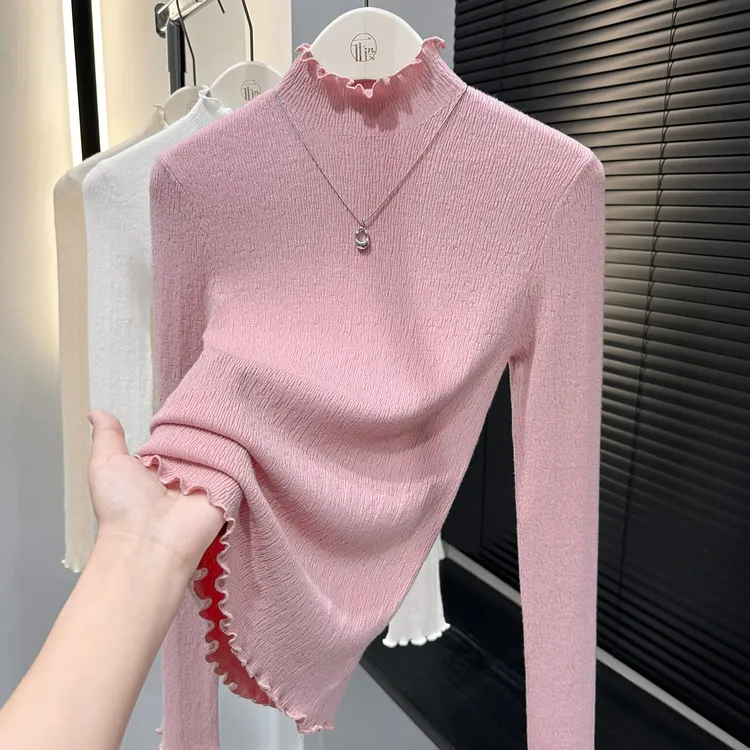 绝美木耳边打底衫女2025冬爆款内搭半高领套头针织衫毛衣粉色上衣