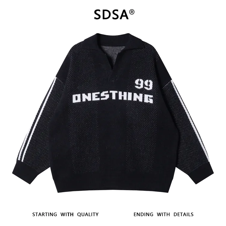 SDSA男士秋冬新款痞帅男装美式撞色字母数字翻领毛衣慵懒风百搭