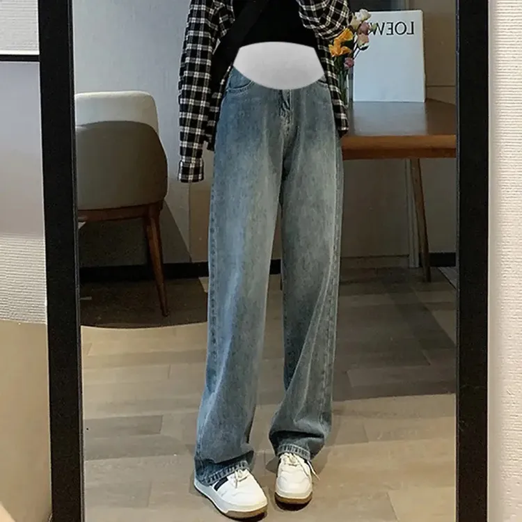 孕妇阔腿牛仔裤秋款外穿显瘦垂感直筒拖地裤潮妈高腰托腹