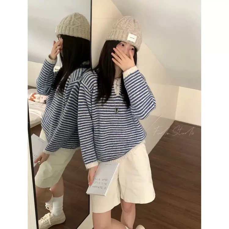 广州十三行爆款高端货条纹针织毛衣早秋新款长袖高级感上衣