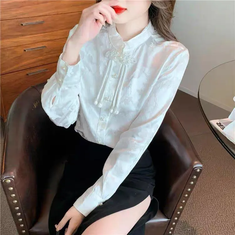 新中式复古盘扣长袖衬衫女士春秋季百搭气质修身显瘦上衣