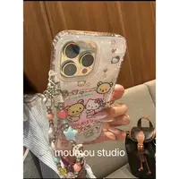 细闪粉轻松熊猫咪相片插画链条适用苹果16promax手机壳15iphone14