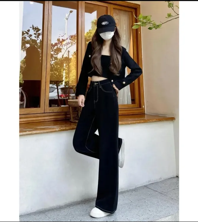 厚绒女休闲风阔腿裤牛仔裤黑色裤子直筒显瘦设计感百搭89106