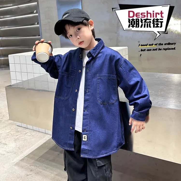 男童牛仔衬衫春秋款中大童2025新款春装复古长袖衬衣薄款牛仔外套