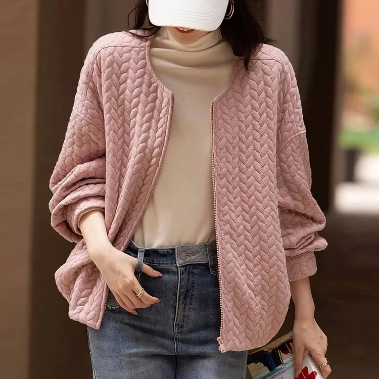 2025年春季新款小香风绞花宽松休闲简约舒适藏肉短款百搭棒球服