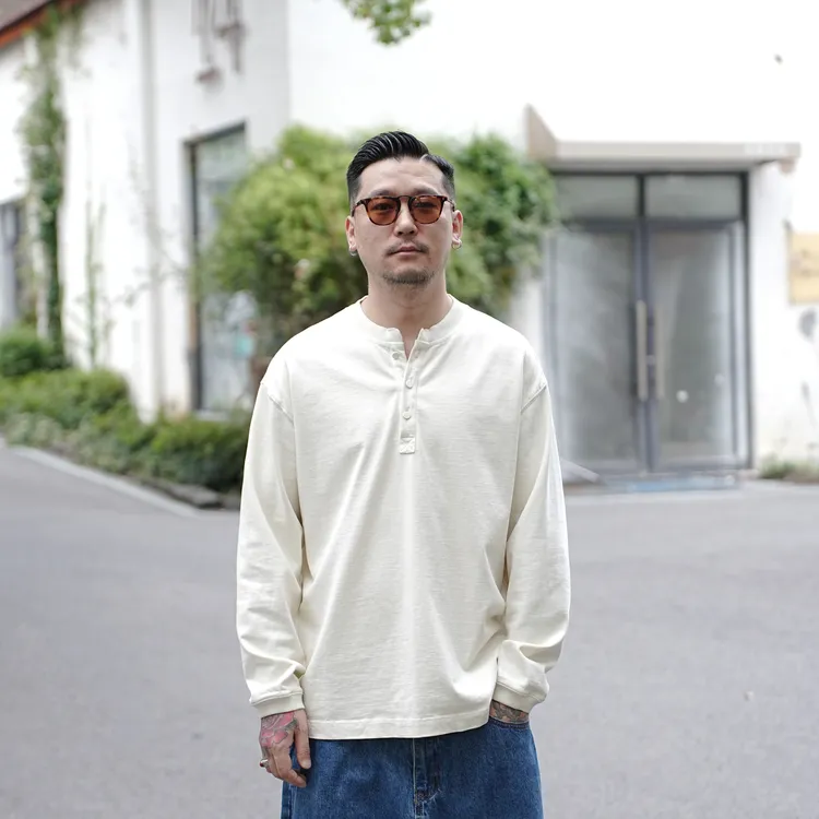 25FW秋季重磅复古亨利领长袖卫衣简约套头休闲纯色立领百搭T恤