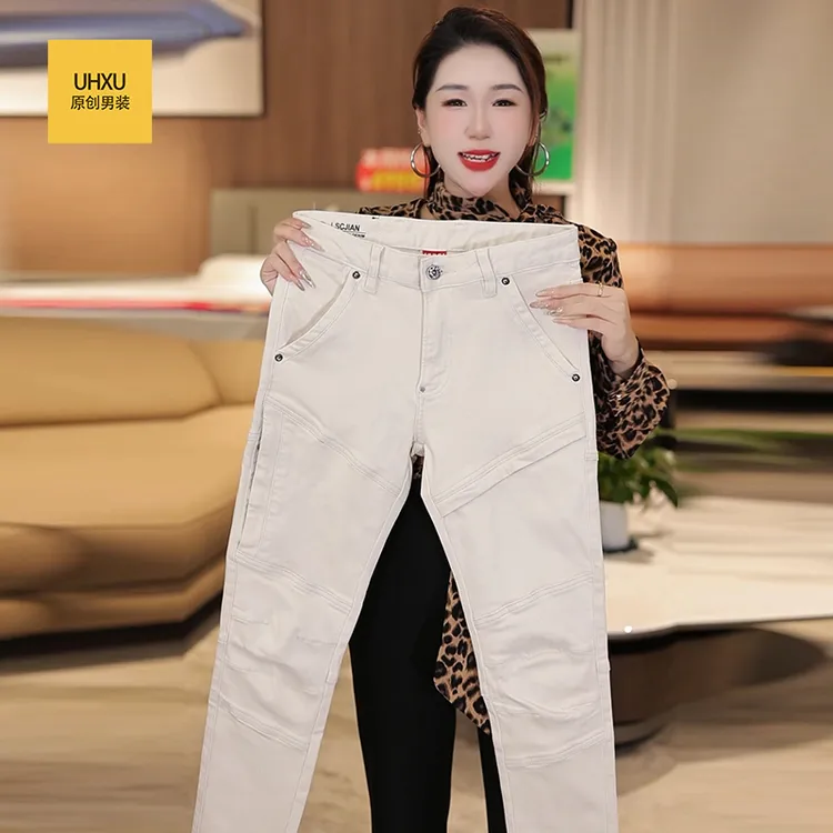 UHXU高端复古ins拼接工装牛仔裤男秋冬潮牌米白色直筒修身小脚裤