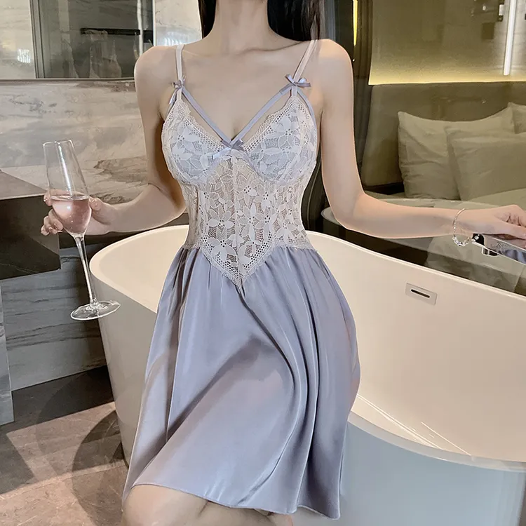 女春季秋季拼接冬季睡裙透明睡衣复古吊带裙纯欲风
