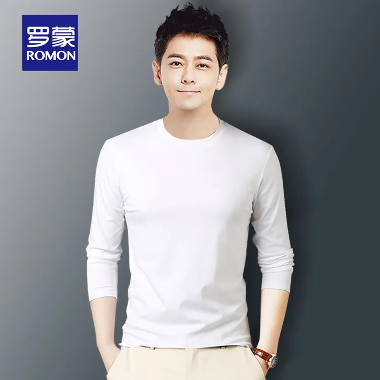 罗蒙男士圆领休闲长袖上衣夏季薄款修身百搭春秋季纯色男装打底衫