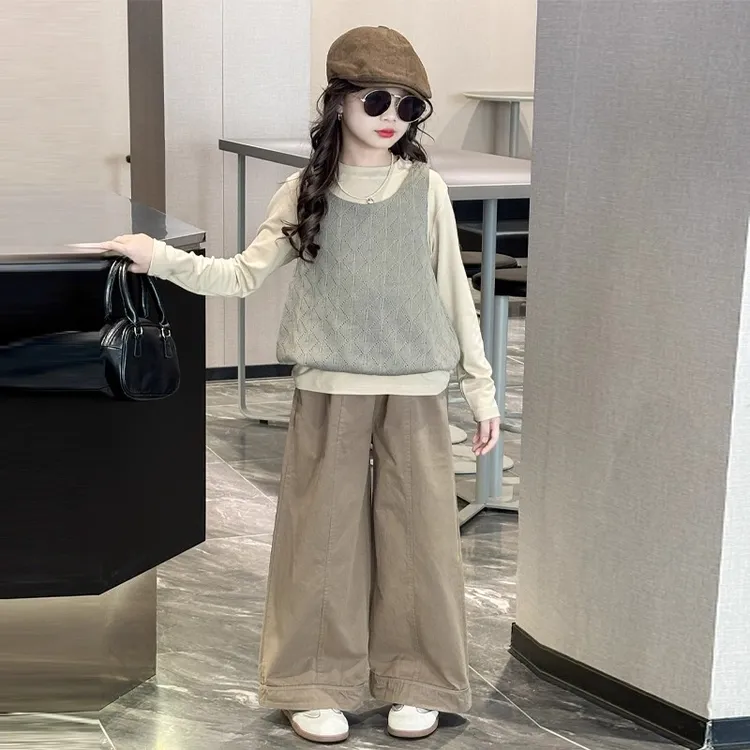 女童毛衣马甲三件套春秋2025新款女大童韩系穿搭儿童早秋洋气套装