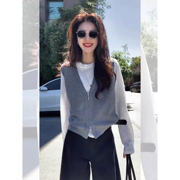 慵懒老钱风气质宽松长袖T恤背心上衣女装2025秋冬新款时尚两件套
