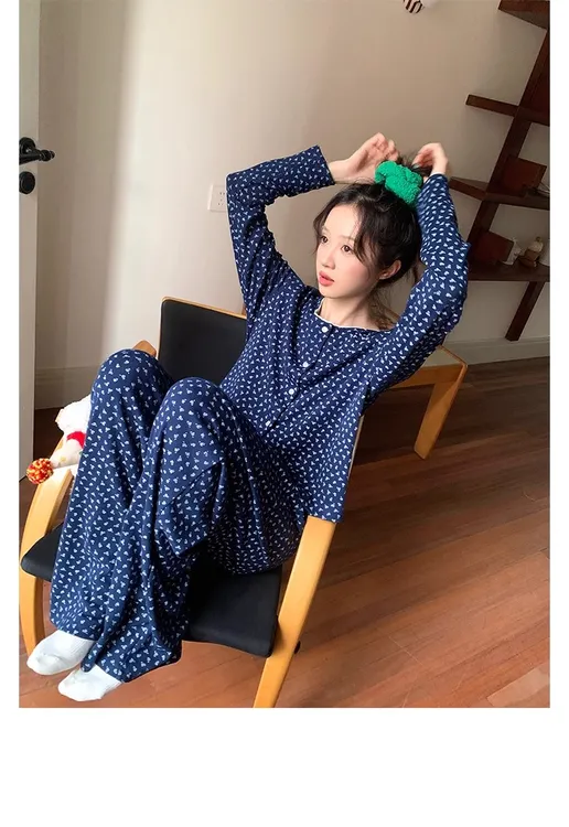 女士春秋季薄款显瘦韩版圆领长袖长裤开衫碎花家居服睡衣女可外穿