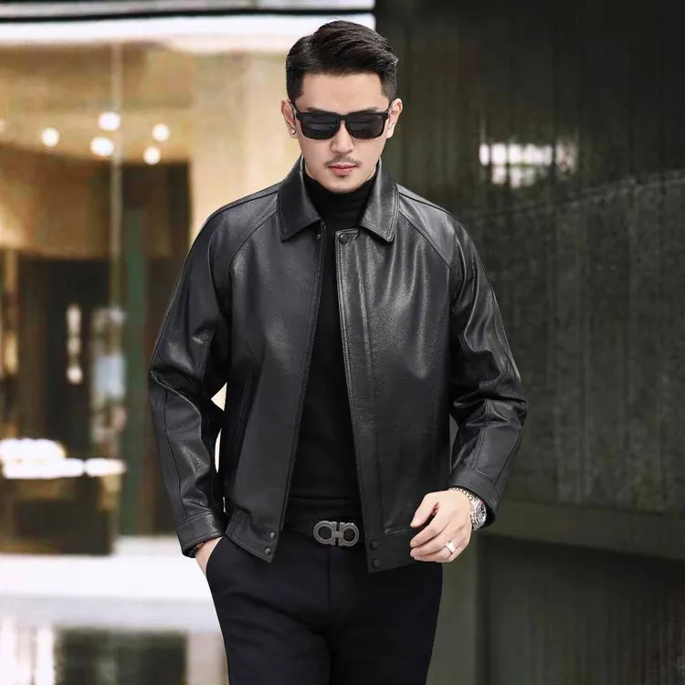 海宁真皮小牛皮港风复古保暖休闲时尚百搭短装翻领皮夹克男外套
