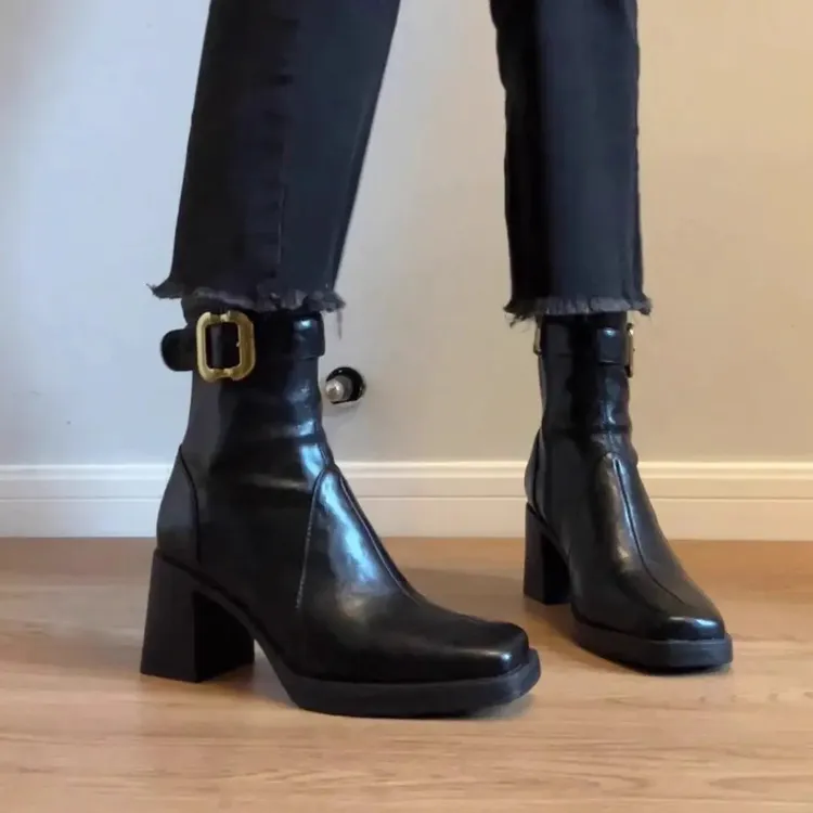软皮版~2025年秋冬新款时尚方头粗跟短靴侧拉链皮带扣弹力瘦瘦靴