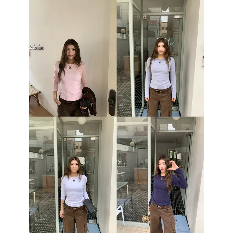 橘子树在哪儿粉色正肩长袖t恤女秋季基础百搭弹力显瘦内搭打底衫