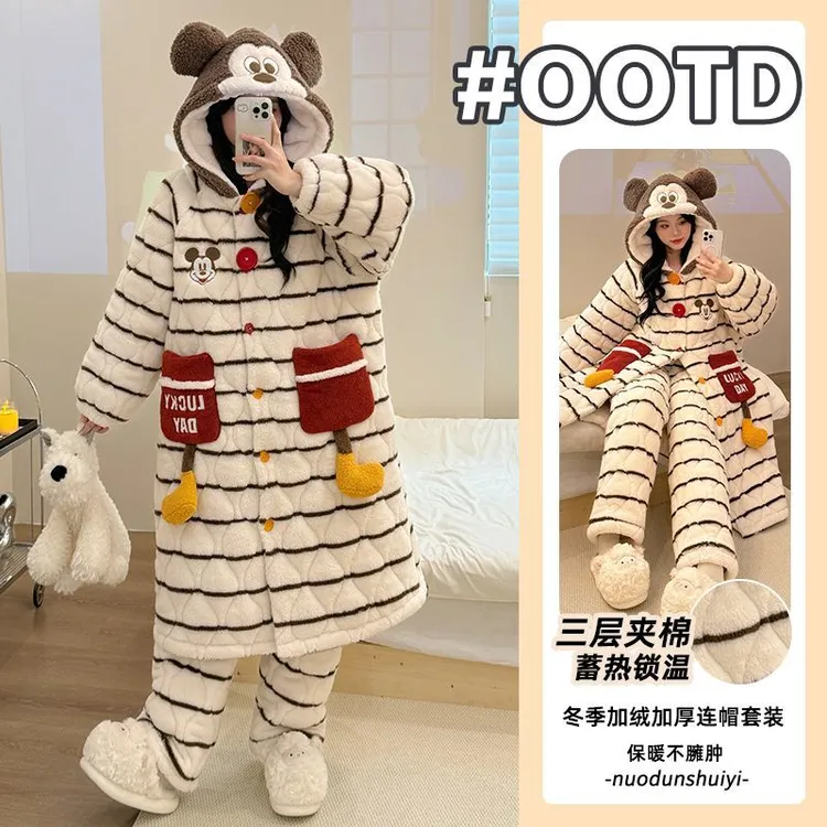 三层夹棉加绒加厚2025年睡袍女款秋冬款珊瑚绒保暖舒适家居服外穿