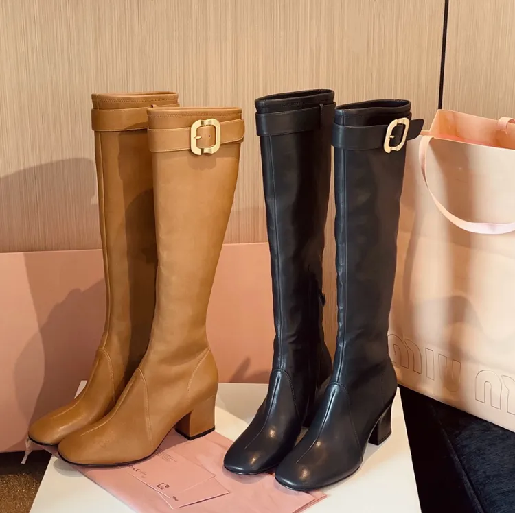 2025秋冬新款圆头粗跟高筒靴复古系高跟瘦瘦弹力靴不过膝高筒长靴