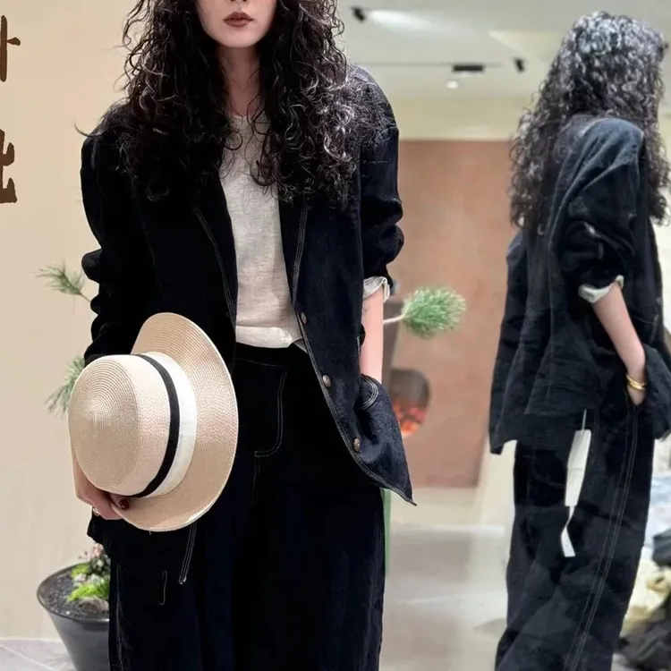 衣牧了然色织亚麻撞色线气质休闲西装外套