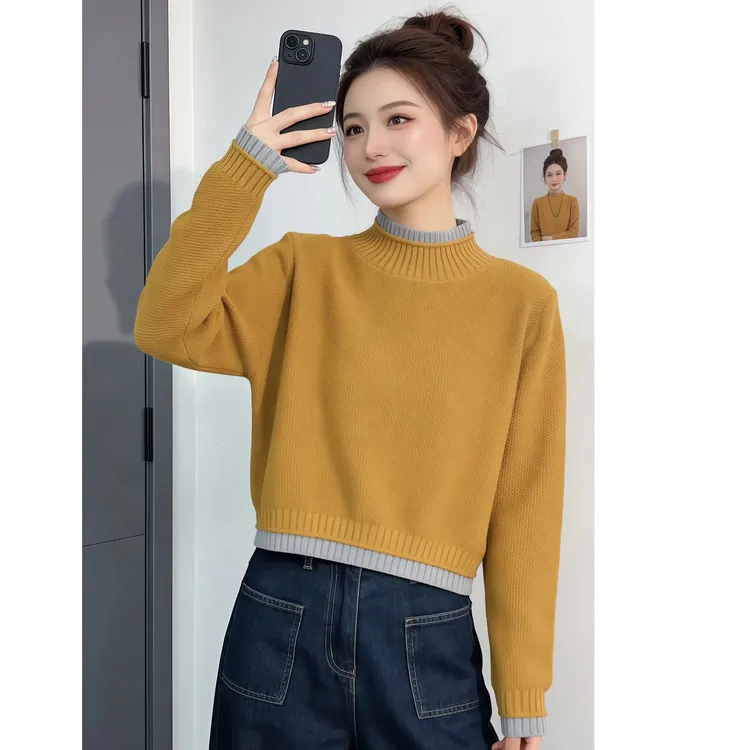 黄色慵懒风宽松显瘦长袖针织衫毛衣女2025秋冬新款内搭打底衫上衣