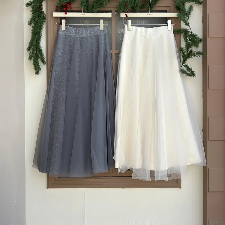 赵小小【香纱恋人】10250 冬季百搭气质杏色高腰百褶网纱a字半身裙