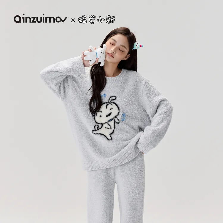 亲嘴猫【蜡笔小新】小白半边绒睡衣女秋冬季保暖家居服套装可外穿