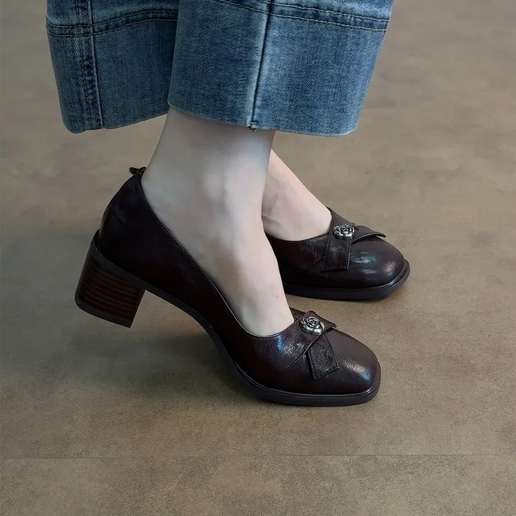 5cm/ED2378羊皮一脚蹬方头复古粗跟单鞋女法式中跟百搭浅口玛丽珍