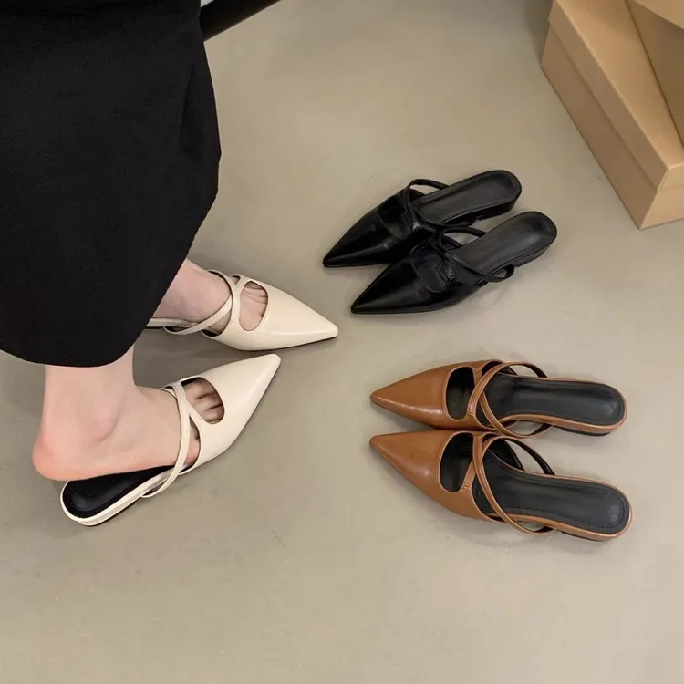 UHCK女士包头半拖鞋女夏外穿尖头法式气质仙女风软皮平底法式穆勒