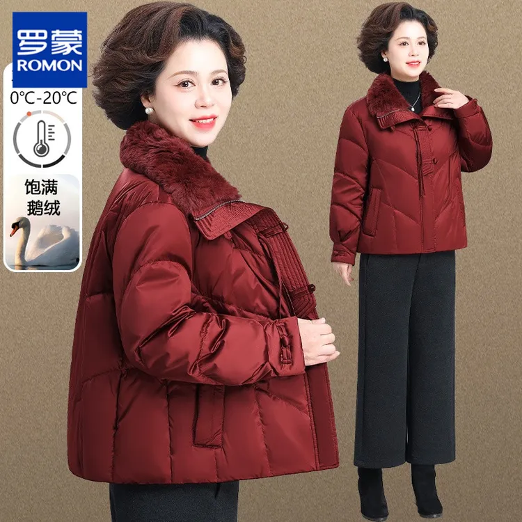 罗蒙贵妇人妈妈冬装鹅绒羽绒服新中式喜婆婆中老年冬季狐狸毛外套