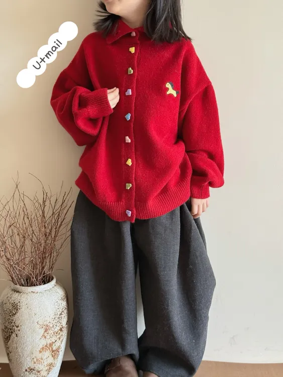 U+mail2025冬季新款羊毛年款红色毛衣开衫韩版亲子女童常规款纯色