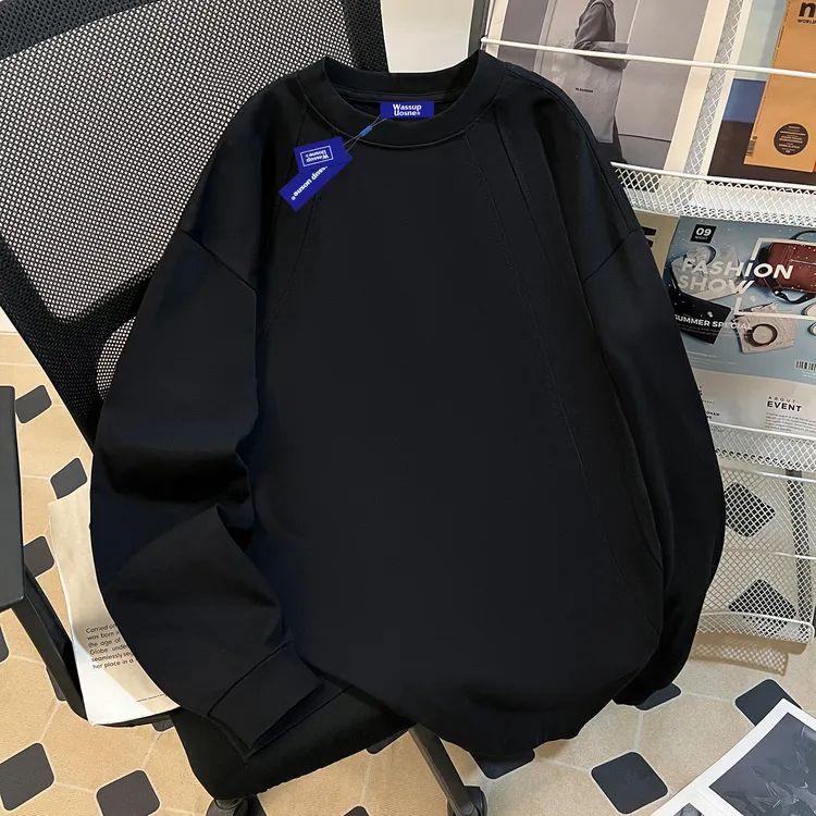 美式痞帅解构拼接圆领卫衣男秋季oversize简约百搭重磅纯棉上衣服