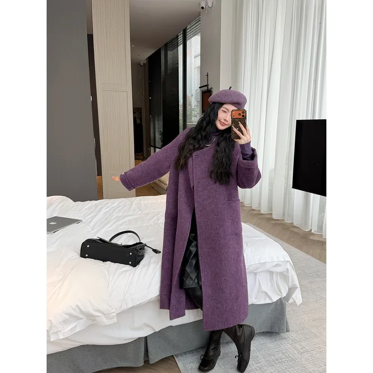 毛妮LADIESFIRST设计感牛角扣长款双面羊绒大衣女带围巾外套L2974