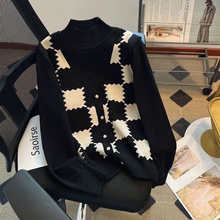 【80-180斤】假两件半高领毛衣女秋冬菱格设计感加厚保暖针织衫上衣