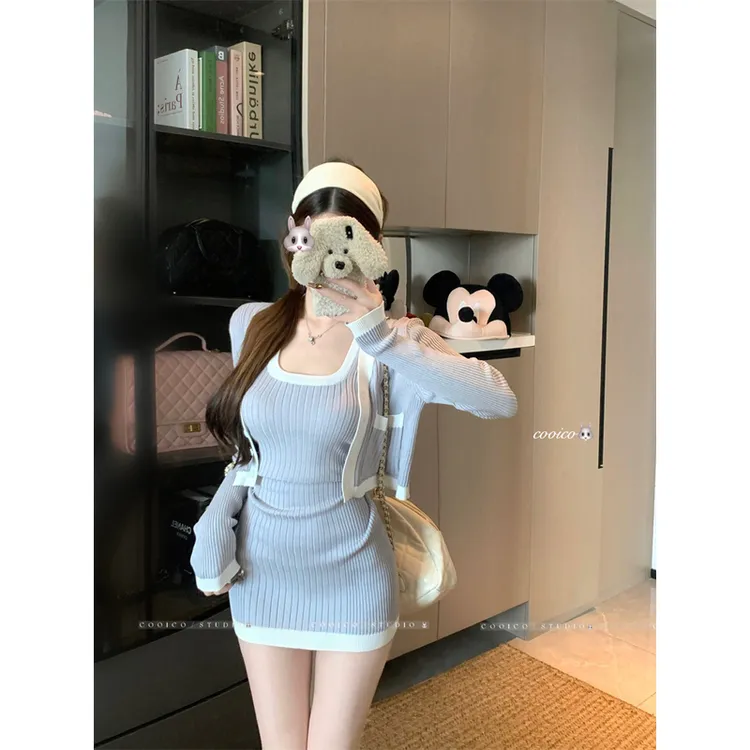 韩系纯欲风针织套装女秋季修身显瘦包臀连衣裙百搭长袖短款小开衫