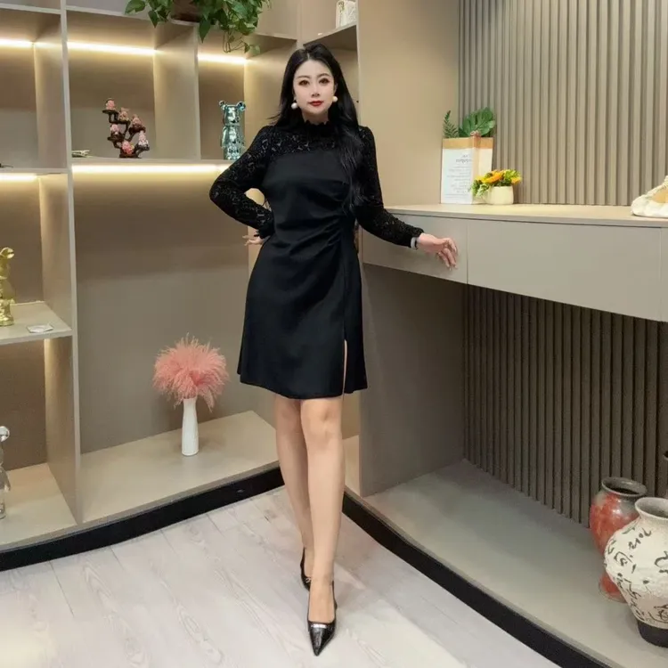秋季连衣裙-檬 9210时尚潮流镂空印花拿褶气质款胖MM大码女装新款