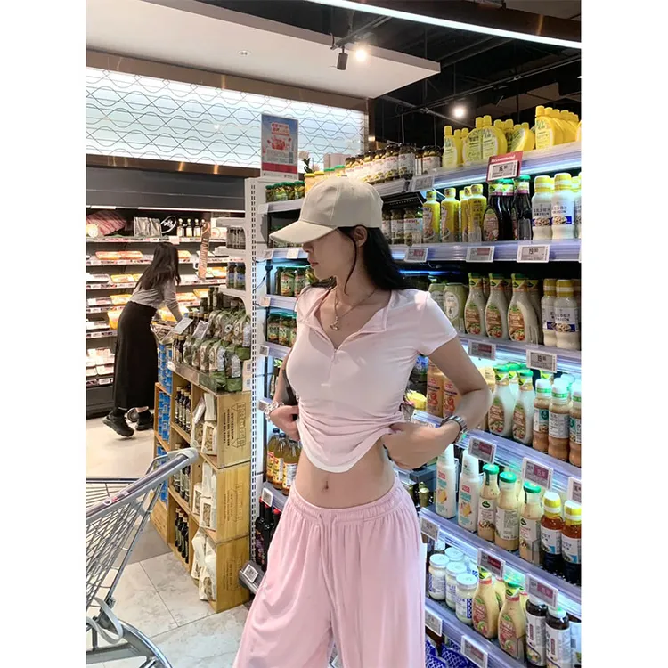 休闲套装美式辣妹粉色纽扣修身短袖女夏季阔腿裤直筒裤长裤两件套