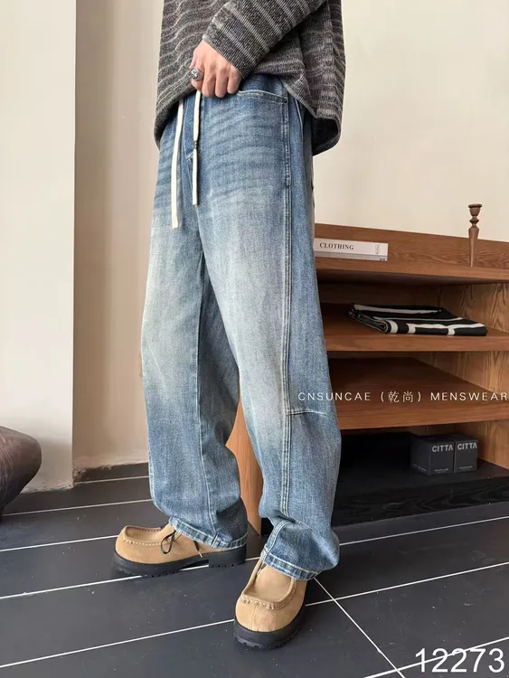 秋季男生阔腿弯刀牛仔裤水洗百搭休闲宽松超强设计感美式12273